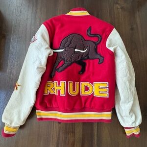 Rhude Red and Cream Bull Varsity Jacket